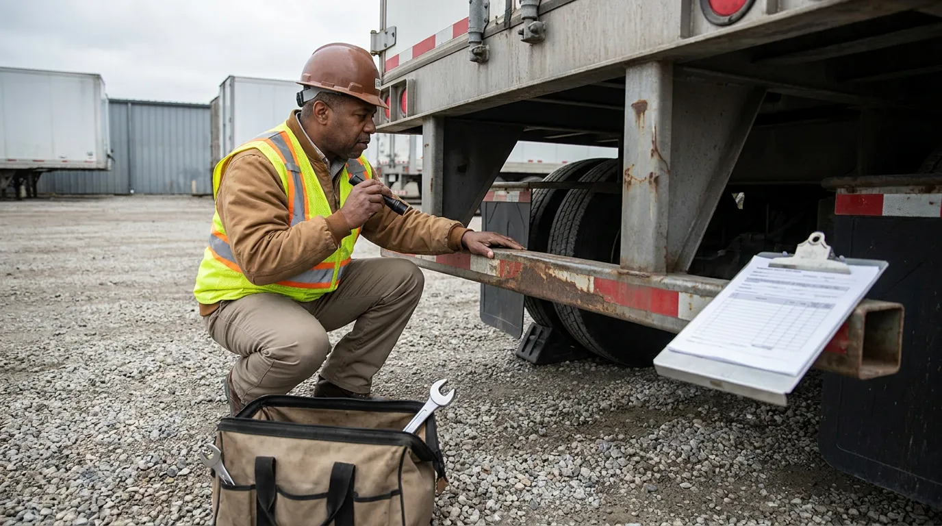safety inspector in hard hat examining commercial truck undercarriage with clipboard and tools nearby