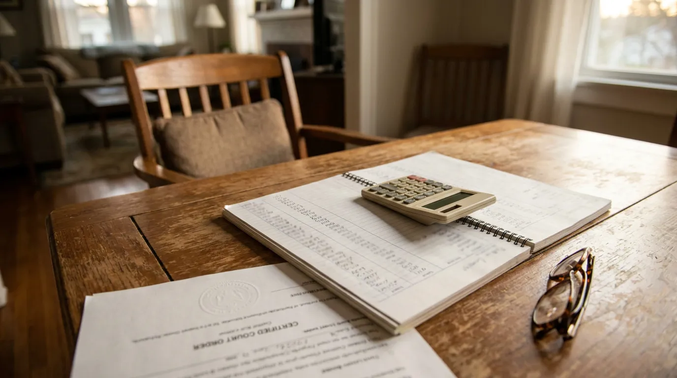 Certified court order document, spiral notebook, calculator, and eyeglasses on wooden table