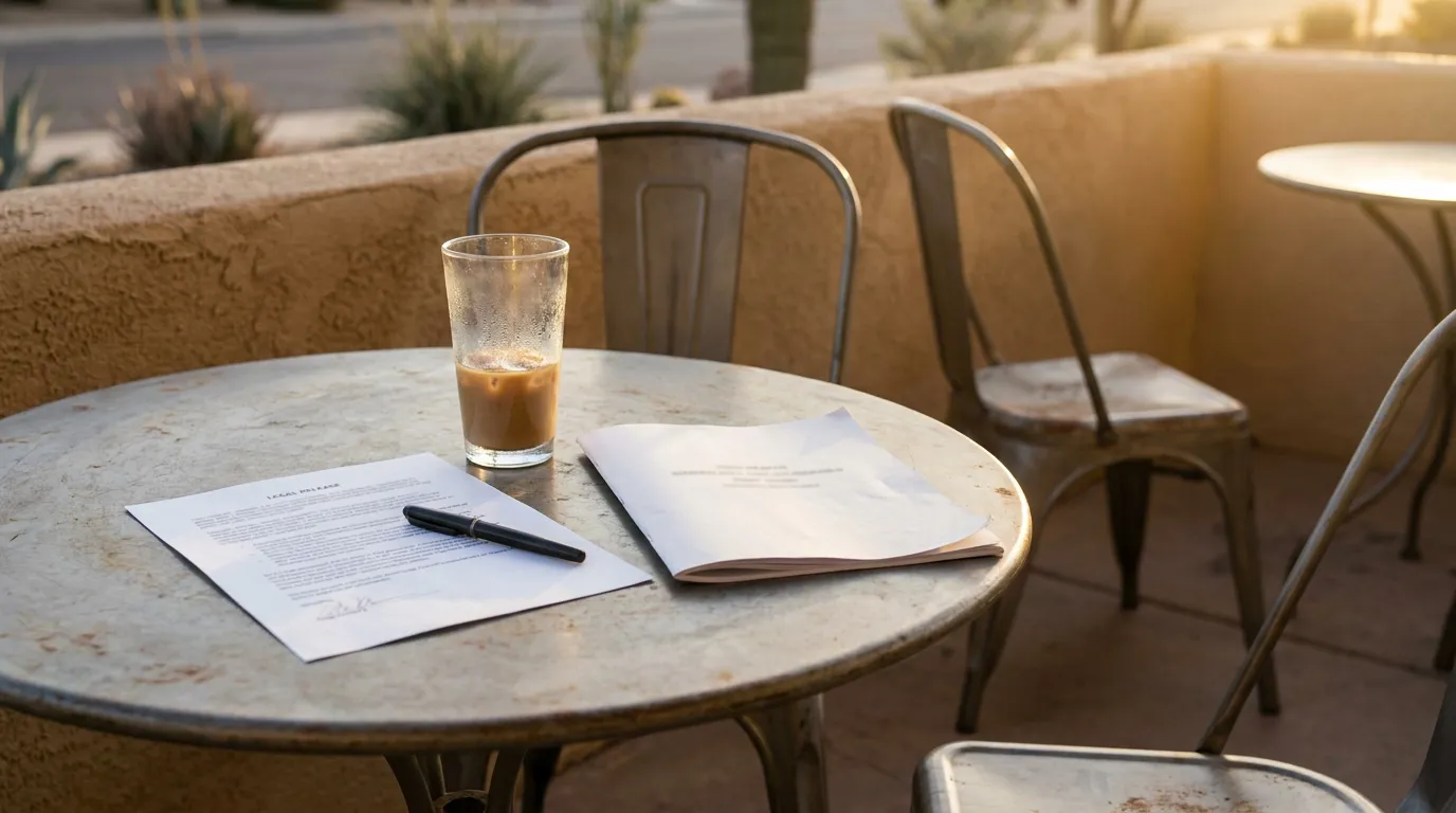 Signed legal release document, pen, and iced coffee glass on outdoor metal café table with chairs