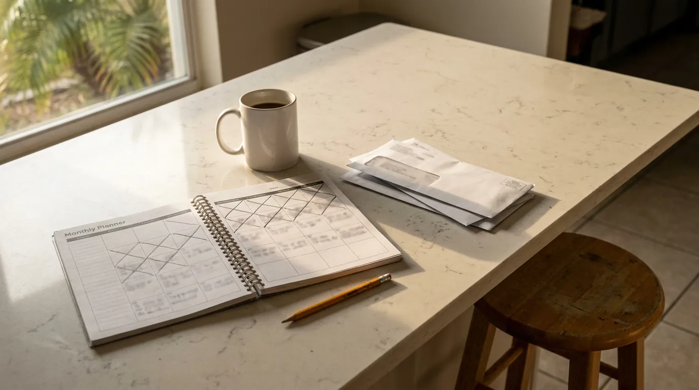 Monthly Planner and Bills on Kitchen Counter During Florida Divorce Open spiral Monthly Planner with pencil, stack of window envelopes, and coffee mug on kitchen counter beside wooden stool