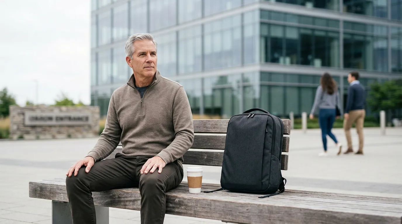 Gray-haired man in quarter-zip sweater seated on wooden bench beside backpack and coffee cup near glass office building