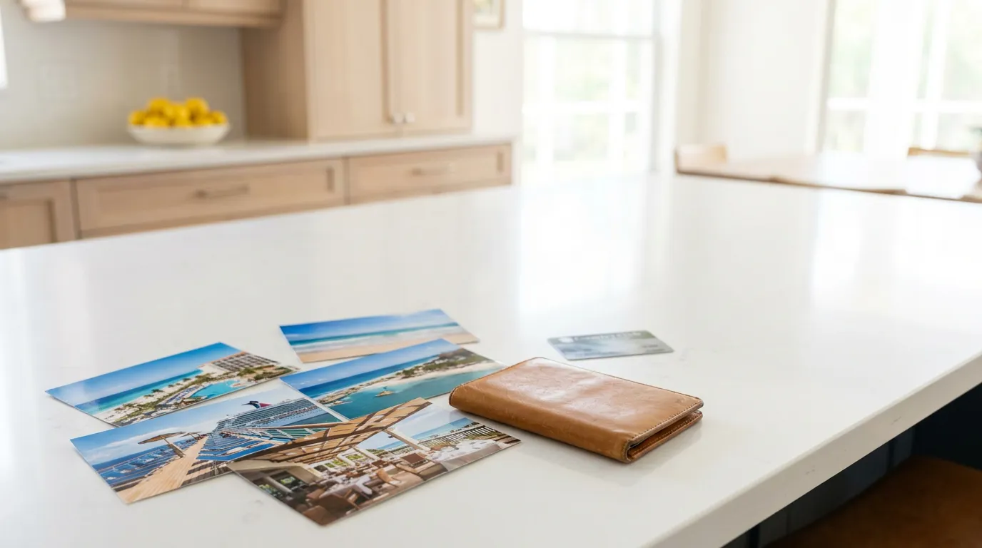 Vacation Photos and Wallet on Kitchen Counter Showing Marital Lifestyle in Florida Alimony Cases Vacation beach and cruise ship photographs beside leather wallet and credit card on kitchen countertop