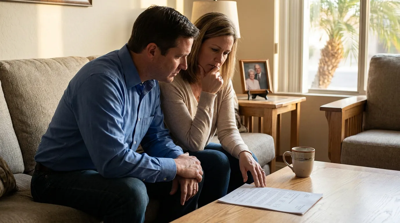 Gilbert Couple Reviewing Trust Documents as Beneficiaries Man and woman seated on living room sofa reviewing document on wooden coffee table beside ceramic mug