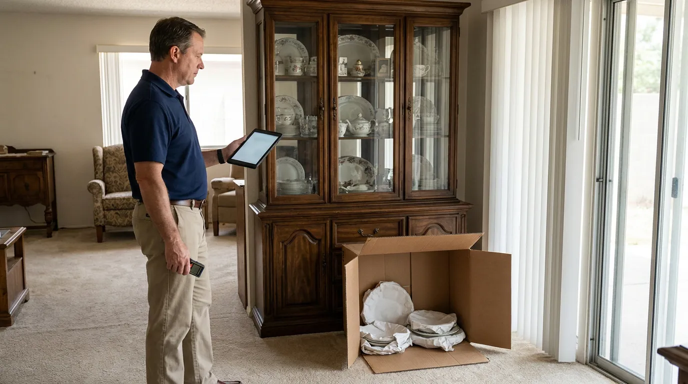 Man holding tablet beside china cabinet filled with dishware and open cardboard box of wrapped plates