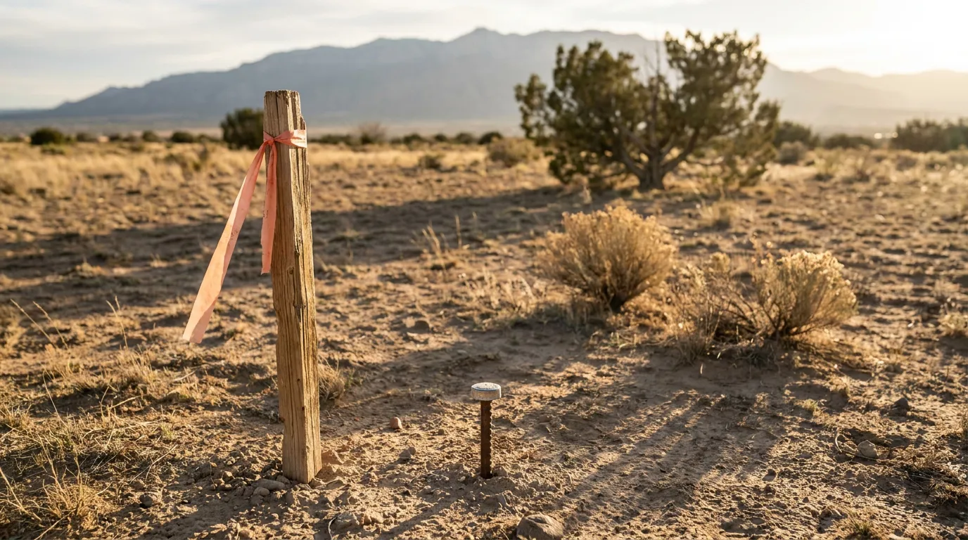 Wooden survey stake with ribbon and metal boundary marker in desert terrain with shrubs and distant mountains