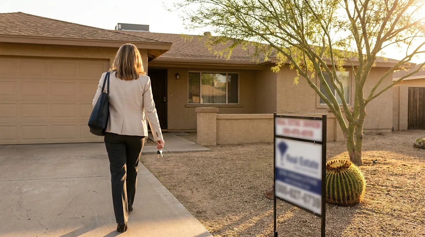 Mesa Trustee Walking to Trust Property Home With Keys Woman in blazer holding keys walks toward single-story house with real estate sign and barrel cactus