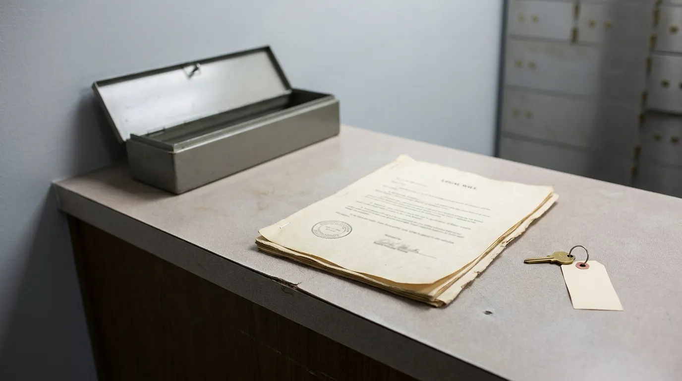 Aged legal will document with official seal beside open metal deposit box and key with tag on counter