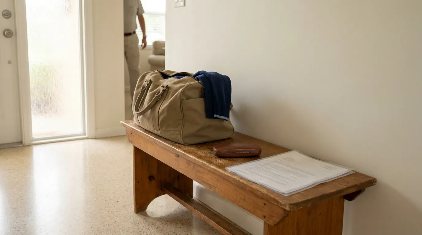 Packed Hospital Bag and Living Will Documents on Entryway Bench in Florida Home Packed duffel bag, glasses case and printed documents on wooden entryway bench, with person standing in background