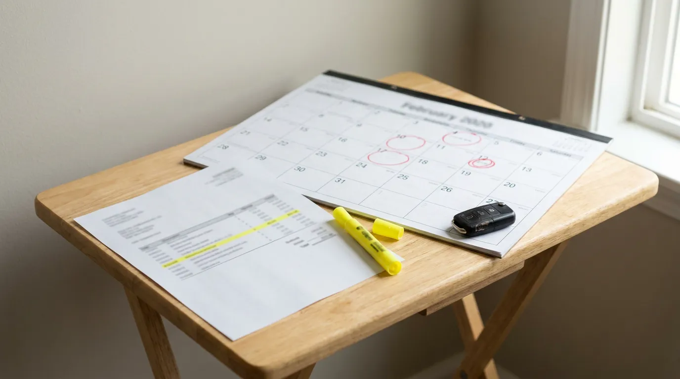 February 2026 wall calendar with circled dates, highlighted document, highlighter marker, and car key fob on wooden folding table