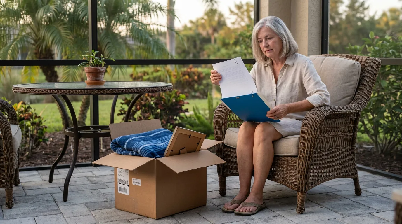 Woman Reviewing Out-of-State Will on Screened Lanai After Moving to Stuart Florida Older woman seated in wicker chair on screened patio reviewing papers beside open cardboard box with picture frame