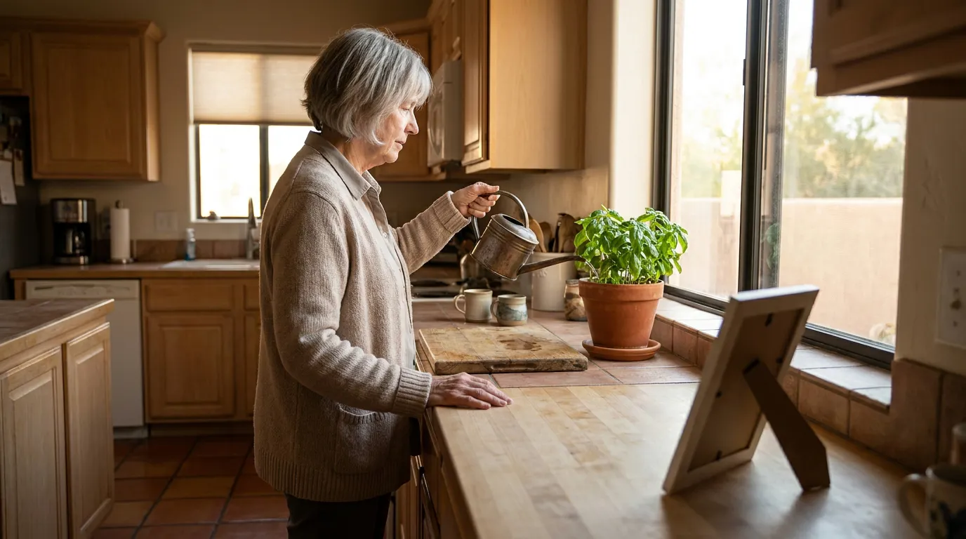 Senior Woman Watering Basil in Mesa Arizona Home Kitchen Older woman with short hair watering potted basil plant with metal watering can in kitchen beside window