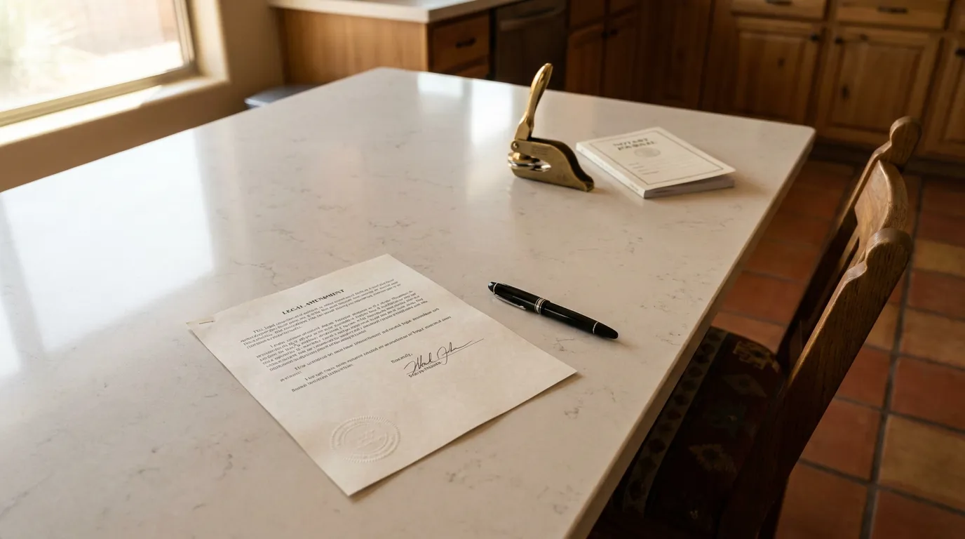 Signed Trust Amendment With Notary Seal on Kitchen Table in Chandler Arizona Signed legal document with embossed seal, fountain pen, notary embosser stamp and journal on kitchen counter