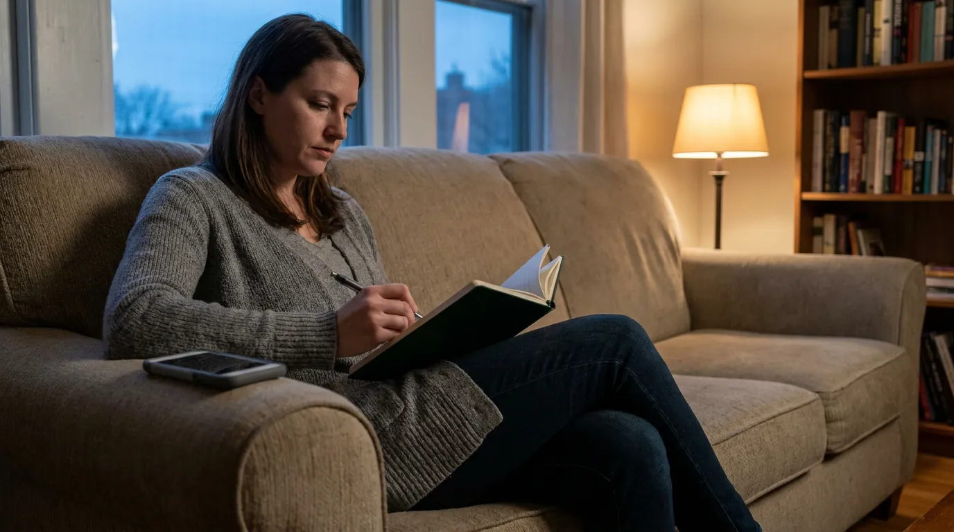 Parent Documenting Coercive Control in Journal for California Custody Case Woman writing in open notebook on living room sofa, smartphone on armrest, bookshelf and lamp behind