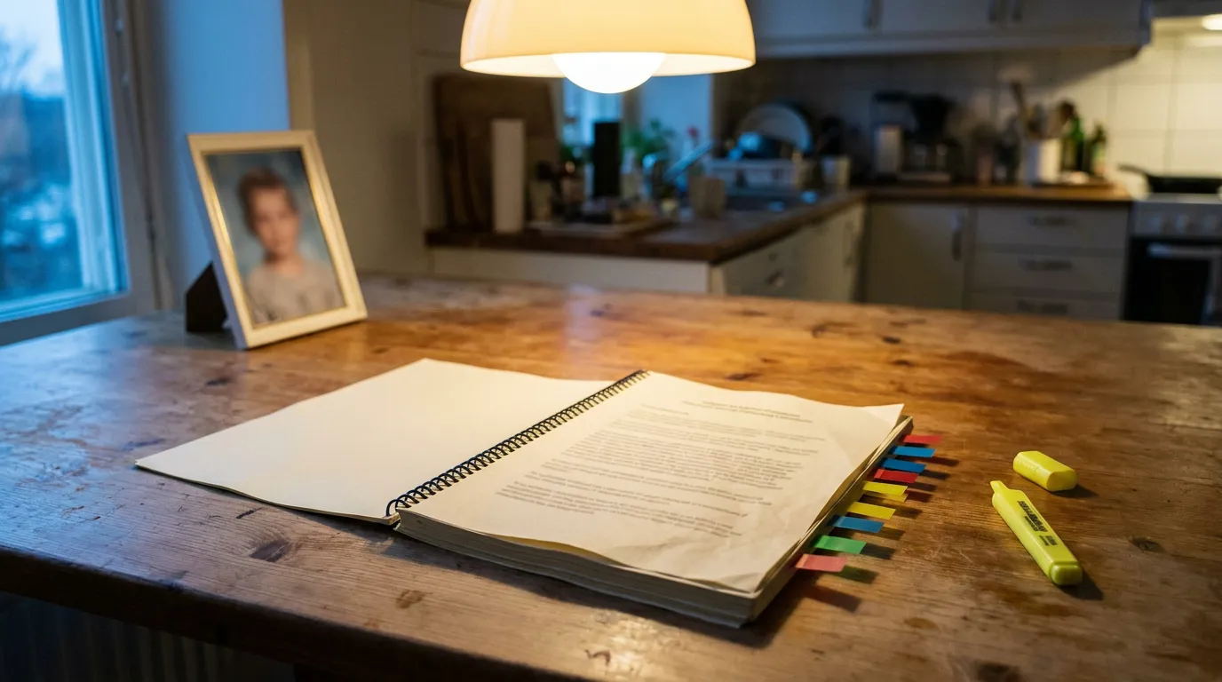 Reviewing Custody Evaluation Report With Tabs and Highlighter in California Spiral-bound document with index tabs and highlighter on wooden kitchen table beside framed child's portrait