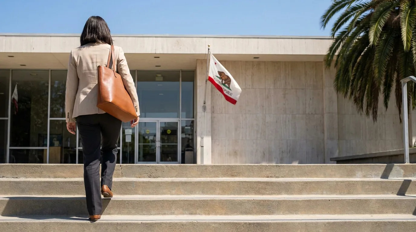 Woman Walking Up Steps to California Courthouse for Status-Only Divorce Woman carrying leather tote bag walks up concrete steps toward building entrance with California state flag