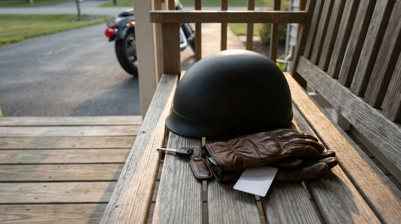Half-shell motorcycle helmet, leather gloves, key fob and blank card on wooden porch bench, motorcycle parked behind