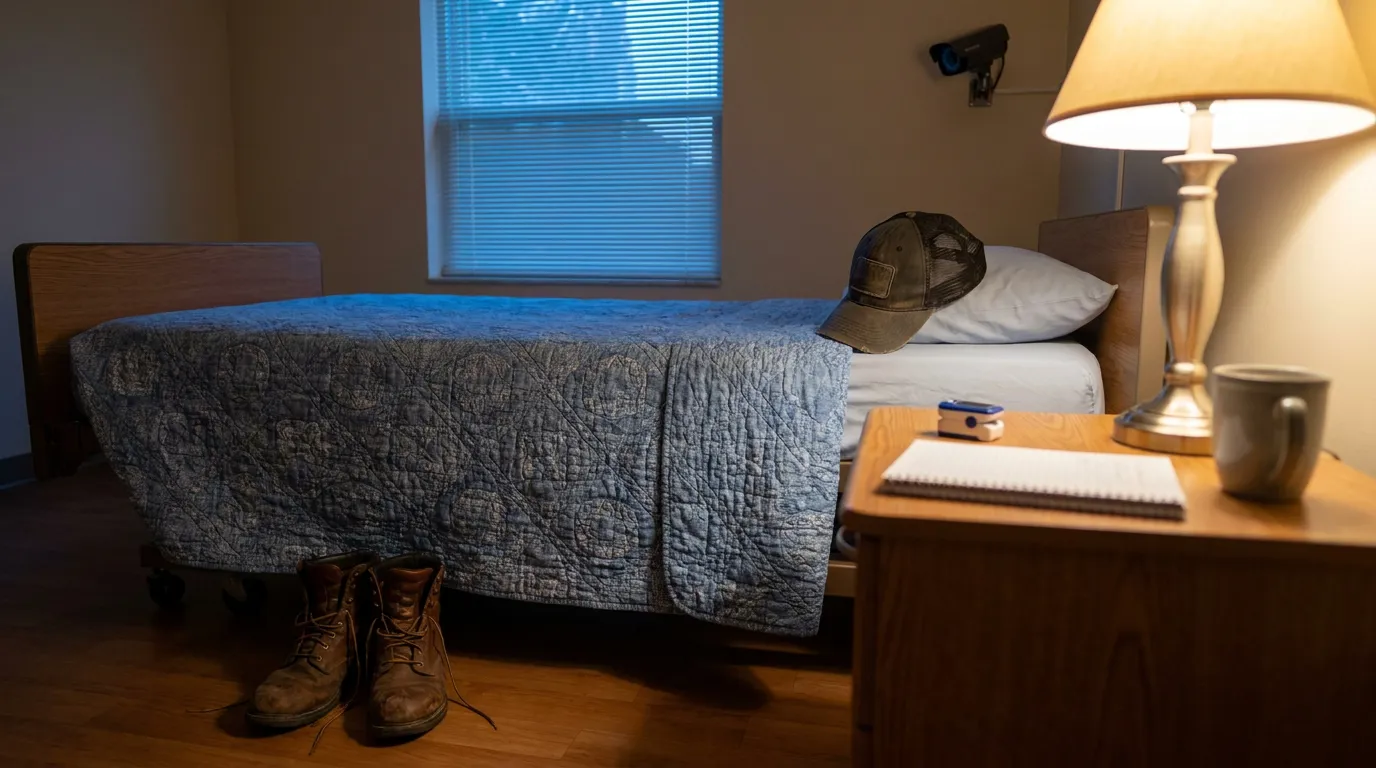 Truck Driver Bedroom With Work Boots and Pulse Oximeter Melbourne FL Care facility bedroom with wall-mounted security camera, worn work boots, baseball cap on pillow, and bedside lamp