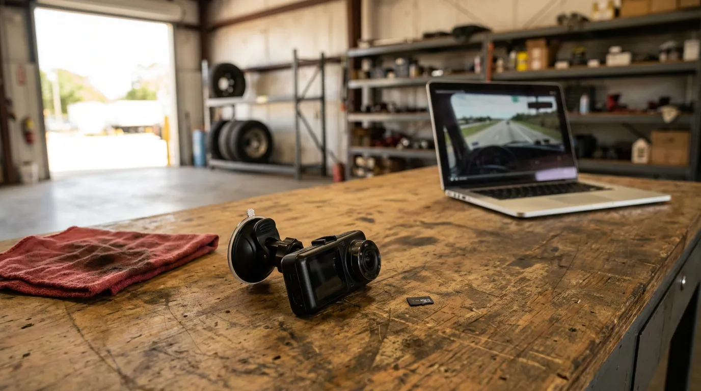 Suction-mount dash camera and microSD card on worn workbench beside laptop displaying highway driving footage in garage
