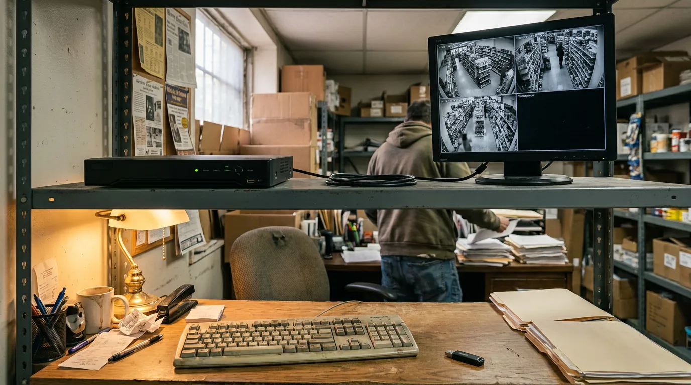 NYC Store Back Office Surveillance Video Recorder and Monitor Security monitor showing store aisle camera feeds above cluttered desk with keyboard, folders, and person sorting papers in stockroom