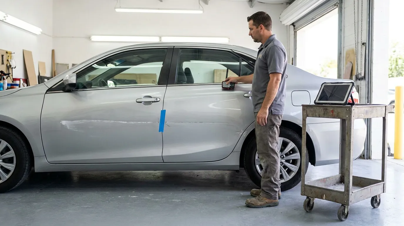Technician holding handheld measuring device against damaged sedan door panel in repair garage, tablet resting on utility cart