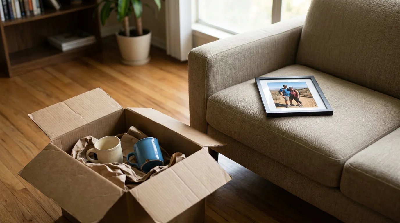 Open cardboard box with two mugs in packing paper beside sofa holding framed couple's hiking photograph