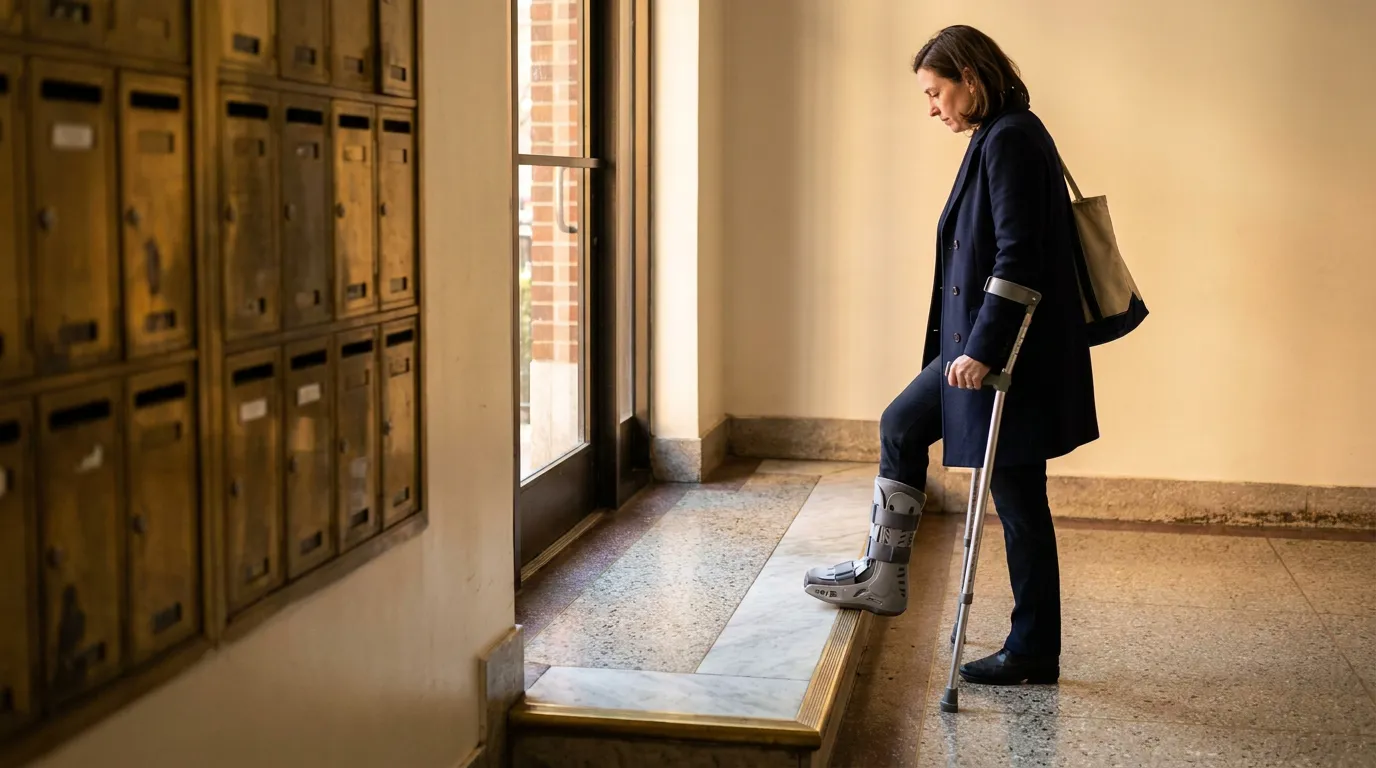 Woman with walking boot and forearm crutch stepping toward raised marble threshold beside wall of mailboxes