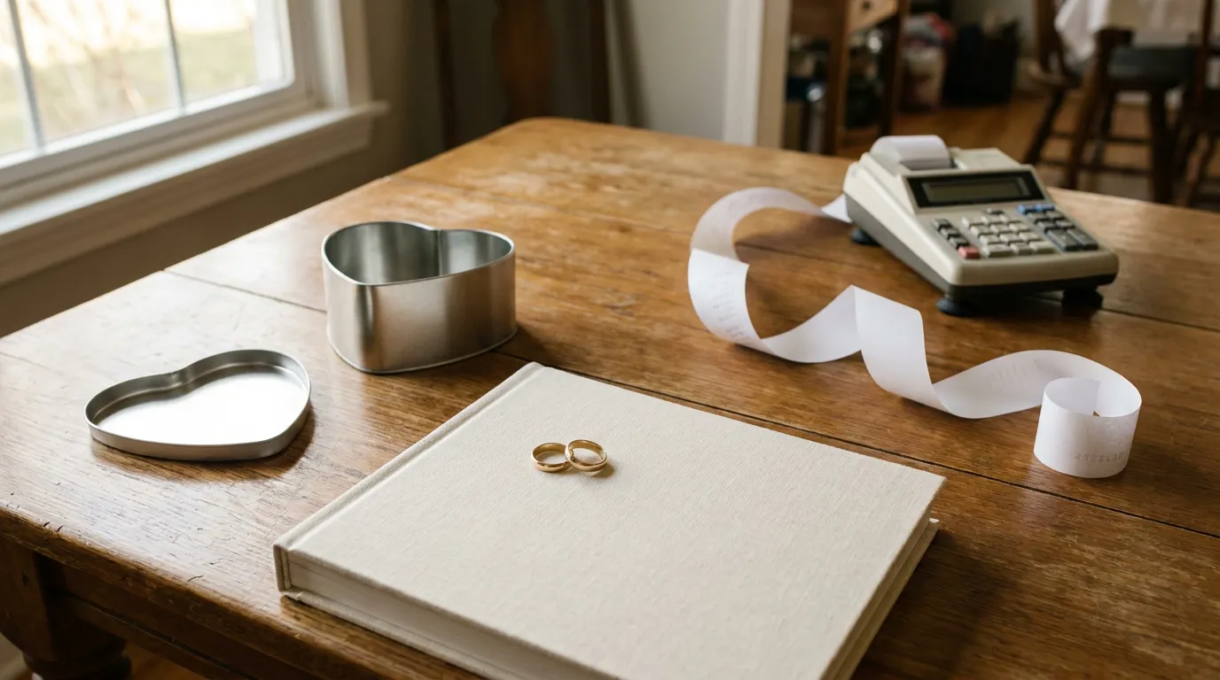 Two wedding rings on closed book beside heart-shaped tin and printing calculator with paper tape on wooden table