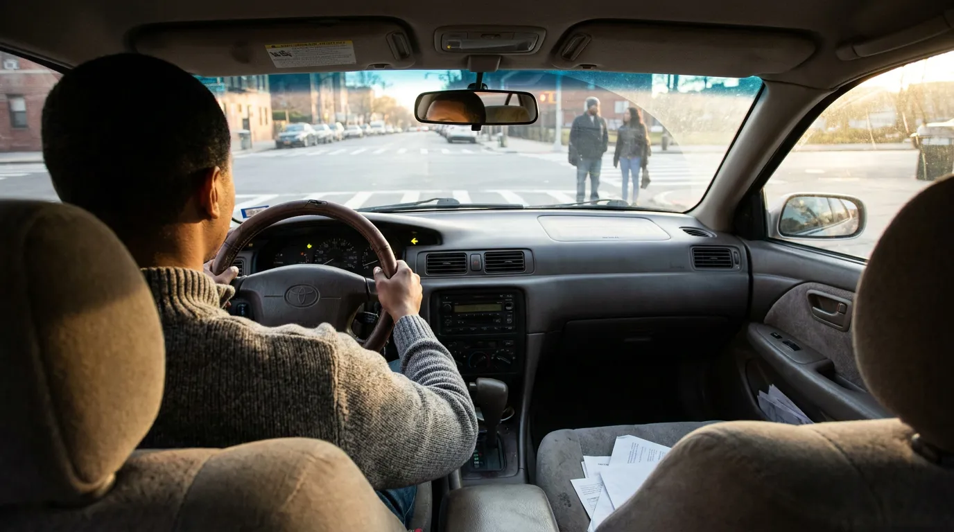 Driver Preparing Left Turn at NYC Crosswalk With Pedestrians Ahead Driver gripping steering wheel of Toyota vehicle at city intersection while two pedestrians stand near crosswalk ahead