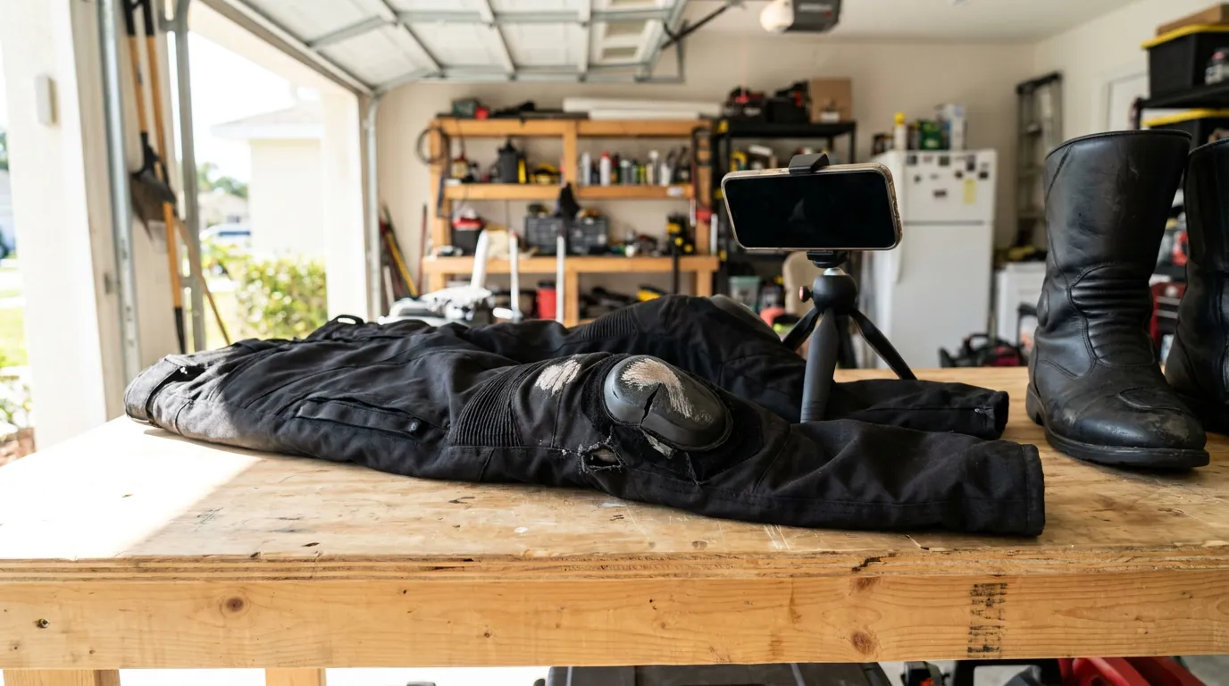 Damaged Motorcycle Pants and Boots Photographed as Evidence After Melbourne FL Accident Scuffed motorcycle riding pants with knee armor and boots on workbench beside smartphone mounted on tripod in garage