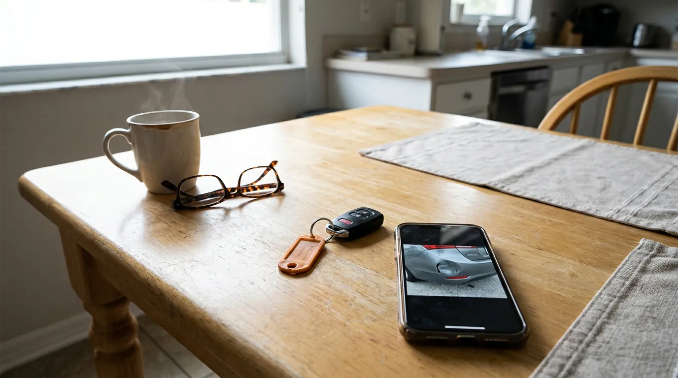 Wooden kitchen table with steaming mug, eyeglasses, car key fob, and smartphone displaying damaged rear bumper