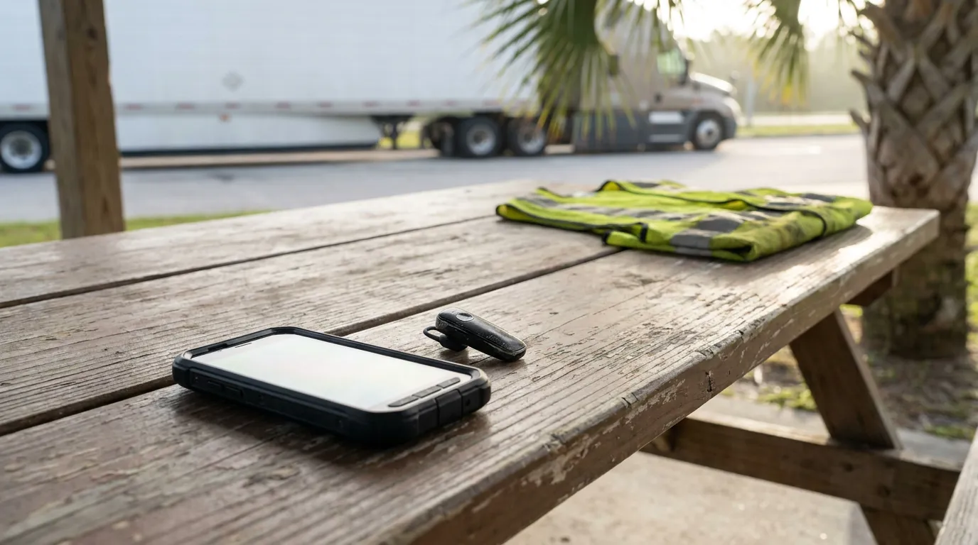 Trucker Phone and Bluetooth Headset at Lakeland Florida Rest Stop Rugged smartphone, Bluetooth headset and folded safety vest on wooden picnic table near parked semi-truck