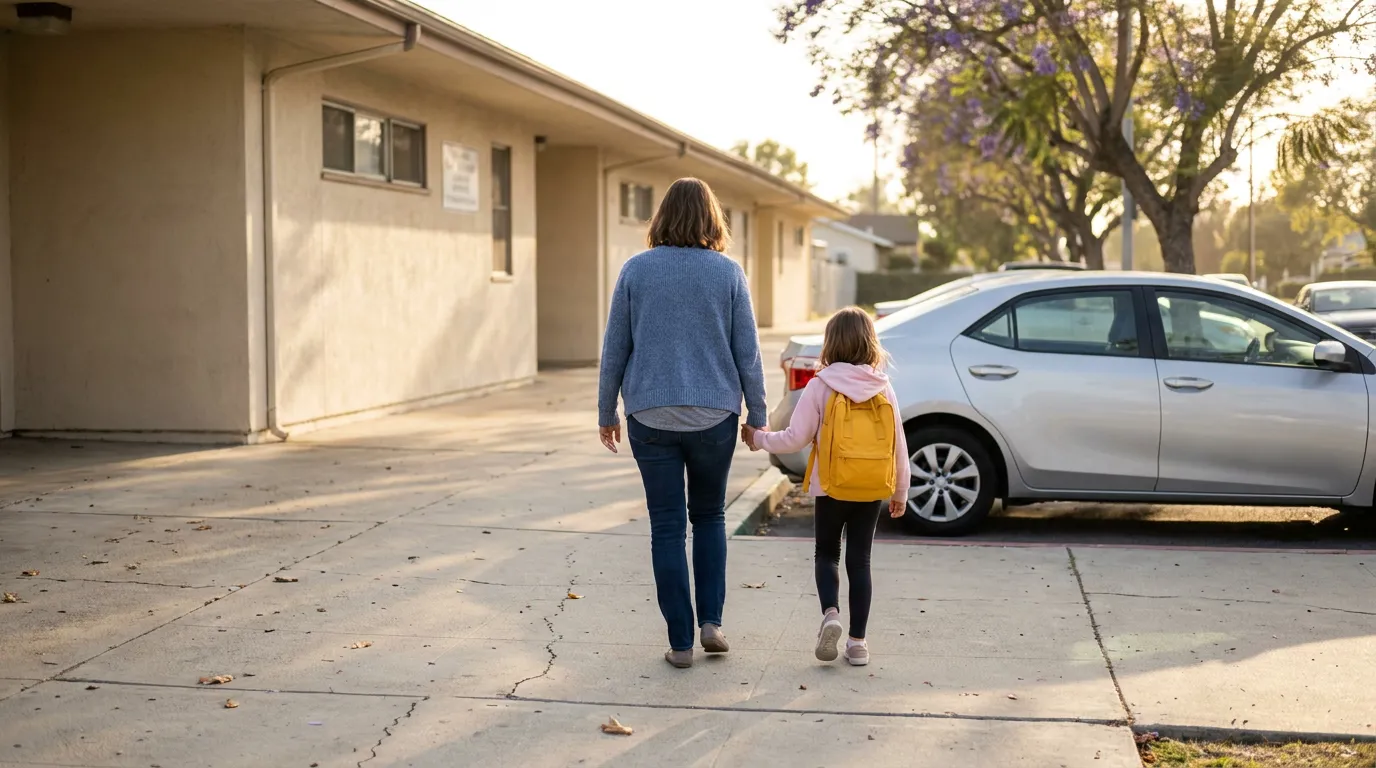Adult holding hands with child wearing backpack while walking on sidewalk toward parked sedan beside low building