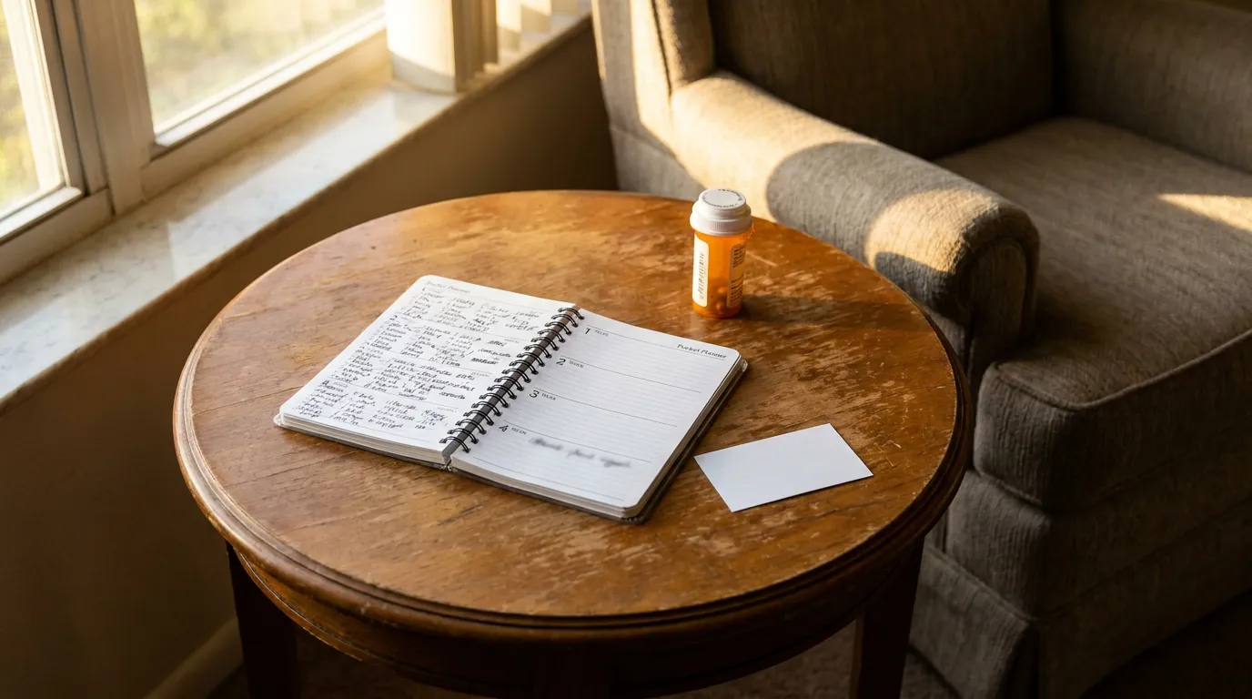 Open spiral pocket planner with handwritten notes, prescription pill bottle and blank card on round wooden side table beside armchair