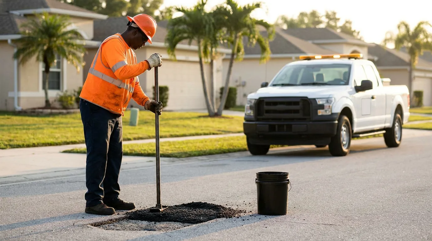 Road Crew Repairing Pothole on Residential Street in Palm Bay Road worker in hard hat and safety vest tamping asphalt into pothole on residential street beside work truck
