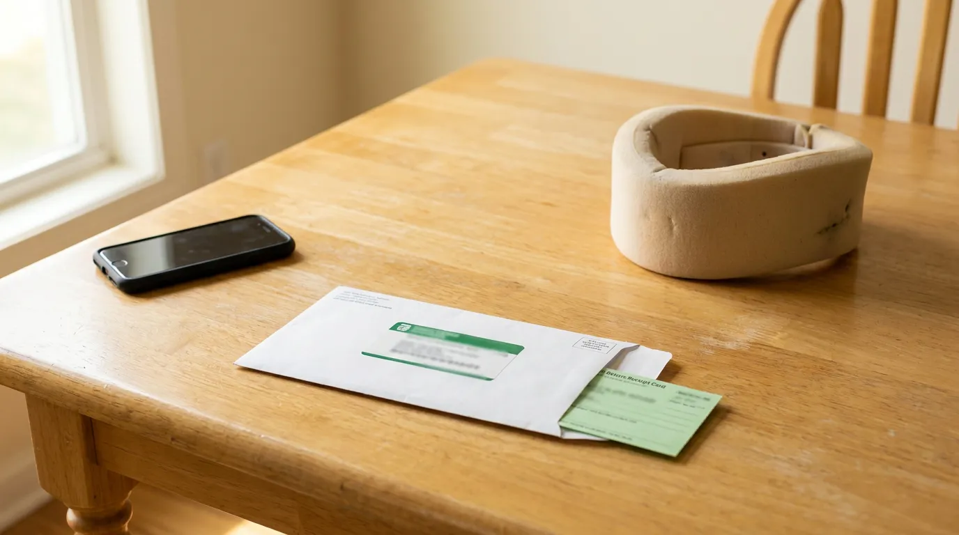 Lakeland PIP Claim Letter and Neck Brace on Kitchen Table Foam cervical neck collar, smartphone, and envelope with partially inserted card resting on wooden table near window