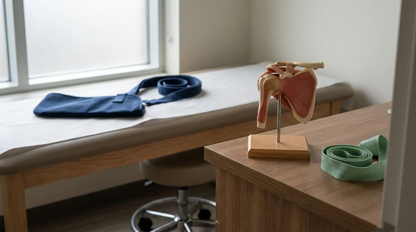 Shoulder Anatomy Model and Sling in Melbourne FL Exam Room Shoulder anatomy model on wooden desk beside resistance band, with arm sling on exam table