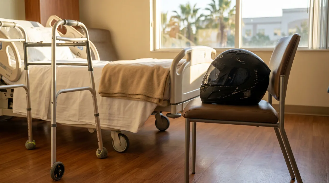 Motorcycle helmet resting on chair beside hospital bed and walker with tennis ball feet