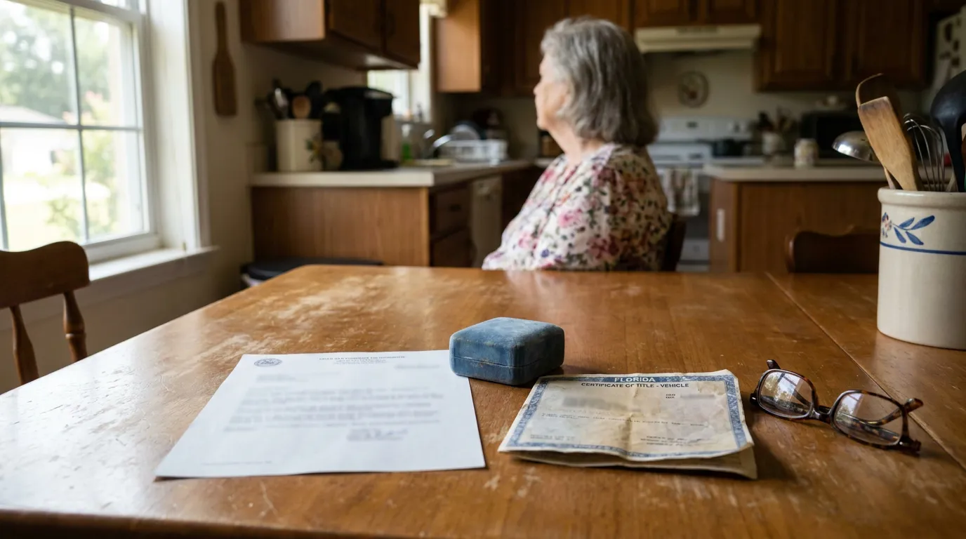Florida Probate Inventory Documents On Kitchen Table Florida Certificate of Title document and eyeglasses on kitchen table beside seated woman
