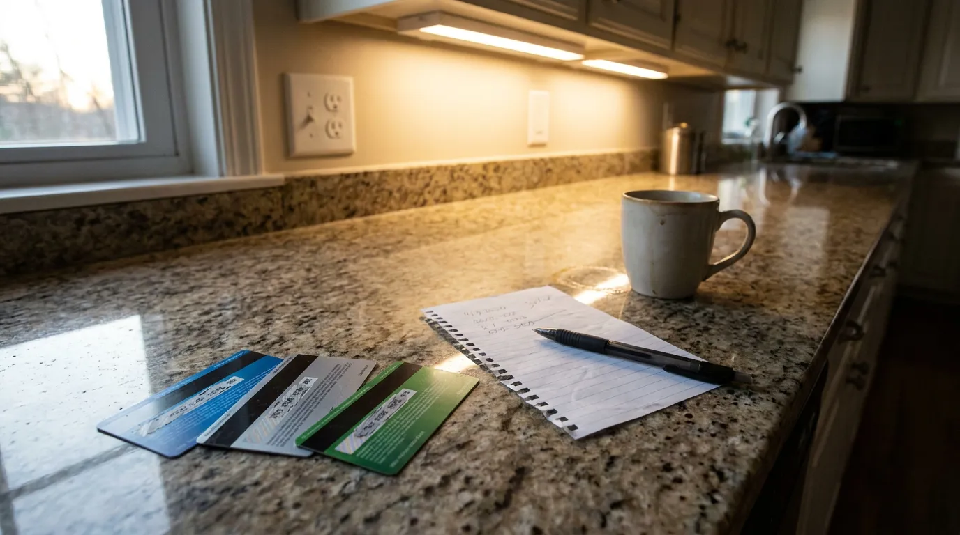 Credit cards, handwritten notepad, and pen arranged on kitchen counter beside coffee mug
