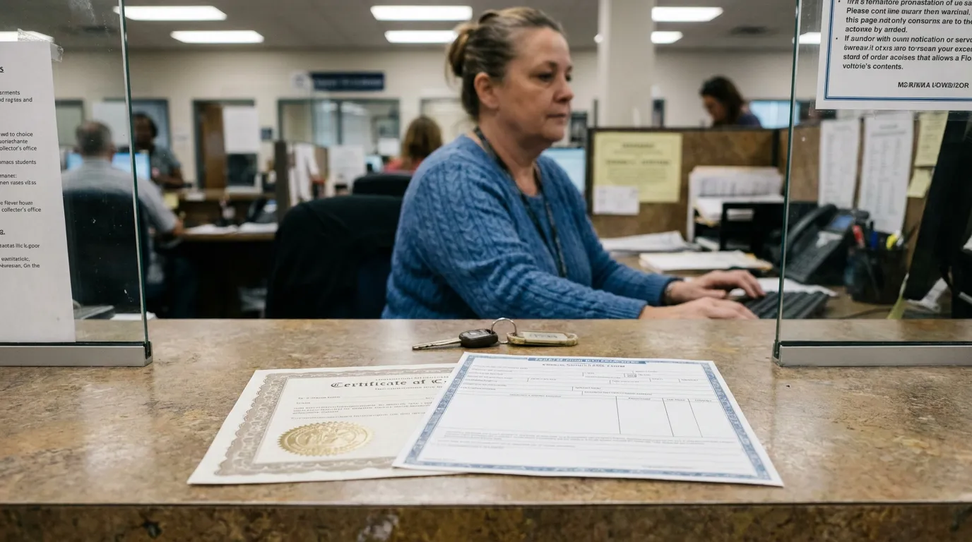 Florida Probate Court Clerk Processing Letters Of Administration Clerk typing behind counter with certificate of title and application form displayed