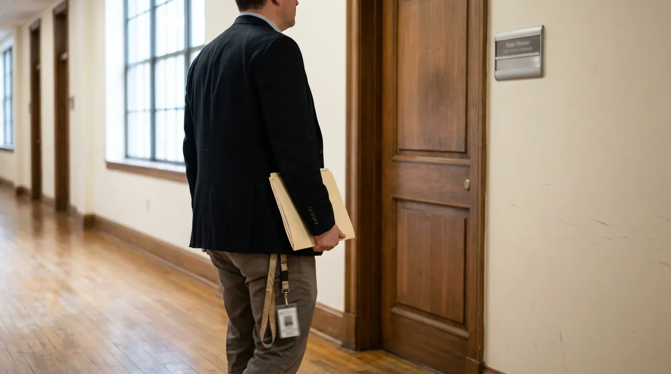 Title IX Hearing Office Albany College Attorney carrying manila folder walks toward wooden office door in hallway