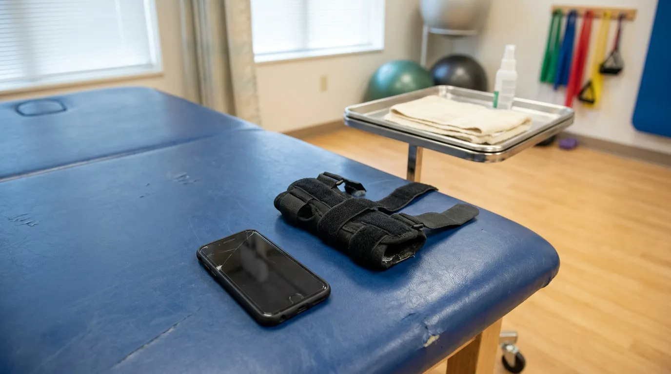 Cracked Phone And Brace Hollywood Florida Injury Claim Cracked smartphone and wrist brace resting on physical therapy treatment table