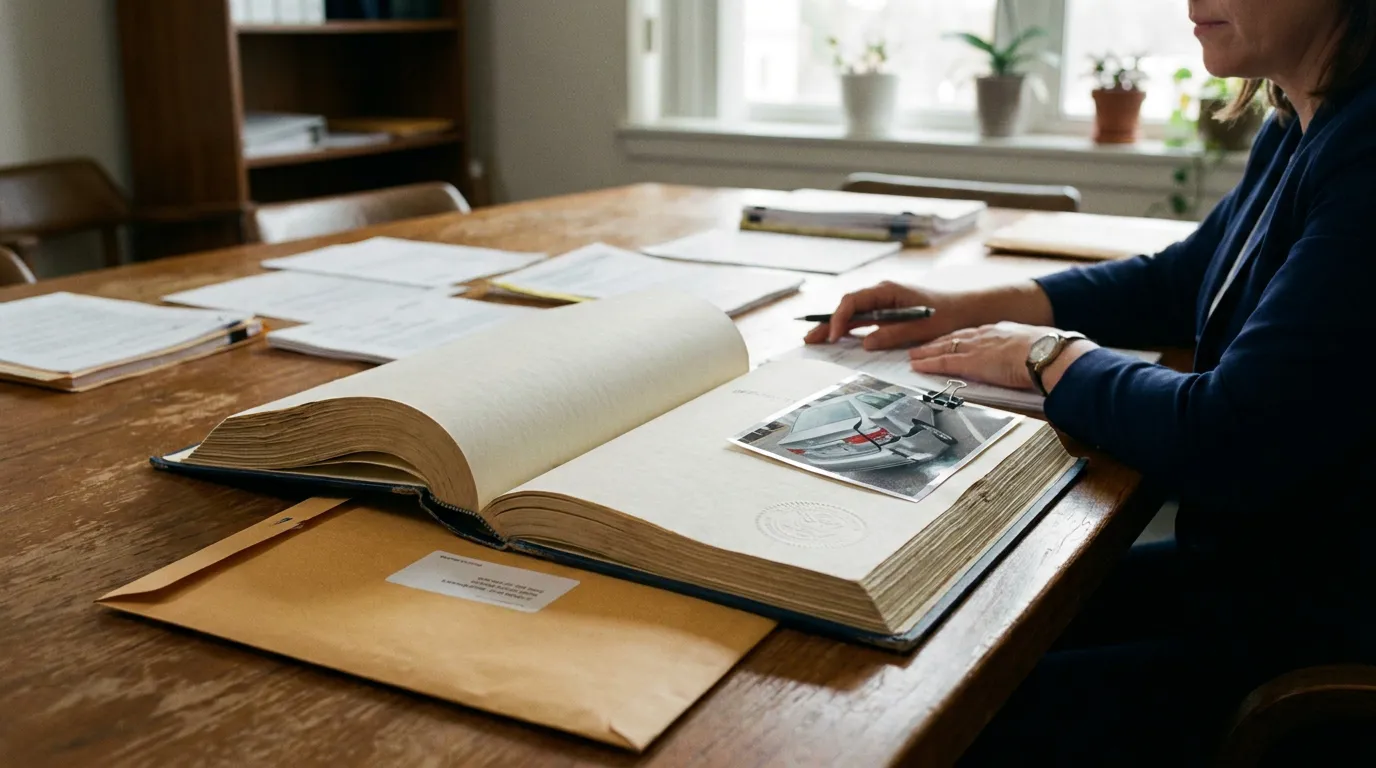 McLean Car Accident Deposition Documents Review attorney reviewing large case file with clipped vehicle photo and documents