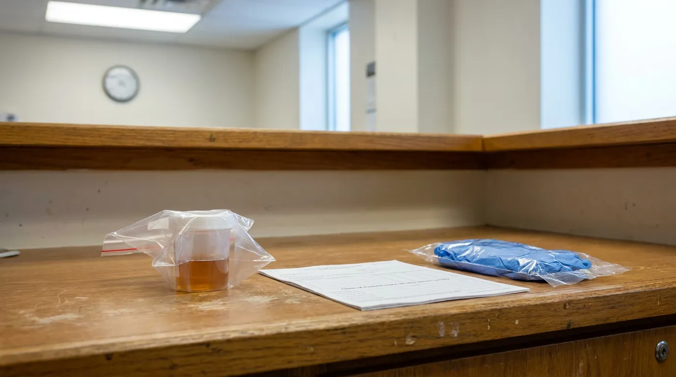 Ft Lauderdale Truck Driver Post Accident Drug Test Kit sealed urine sample cup, gloves, and chain of custody form on counter