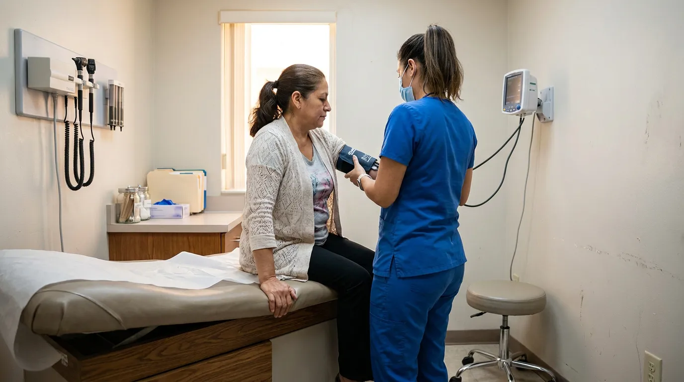 Miami ER Patient Vertigo Vs Stroke Misdiagnosis nurse checking patient blood pressure on examination table in clinic room
