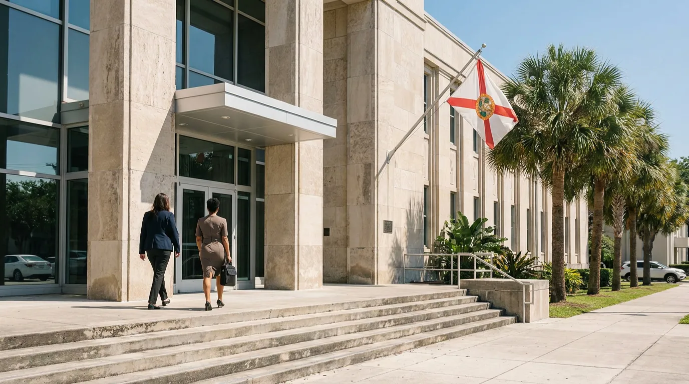 two professionals walking into courthouse entrance beneath flying Florida state flag