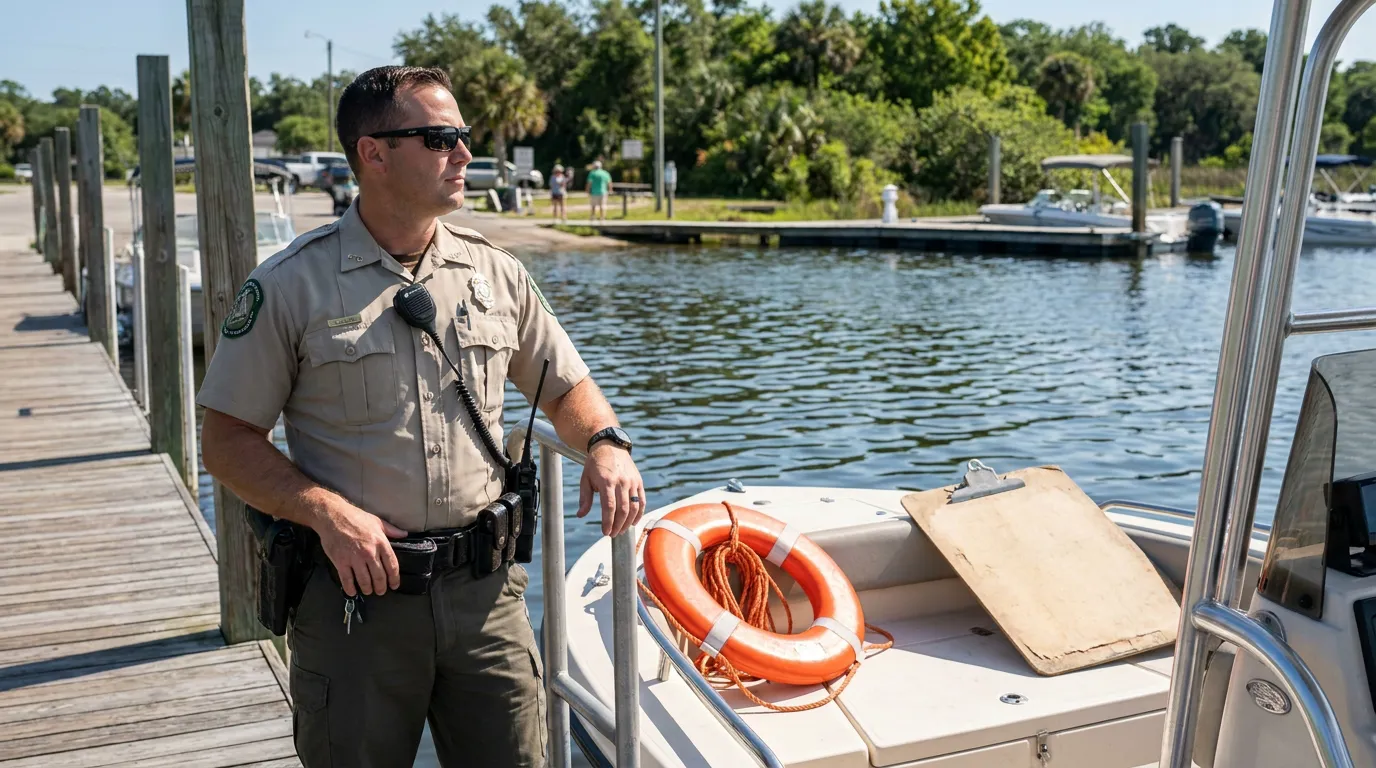 FWC Officer Investigating Boating Accident Ft Lauderdale uniformed marine officer with badge stands beside patrol boat life ring dock