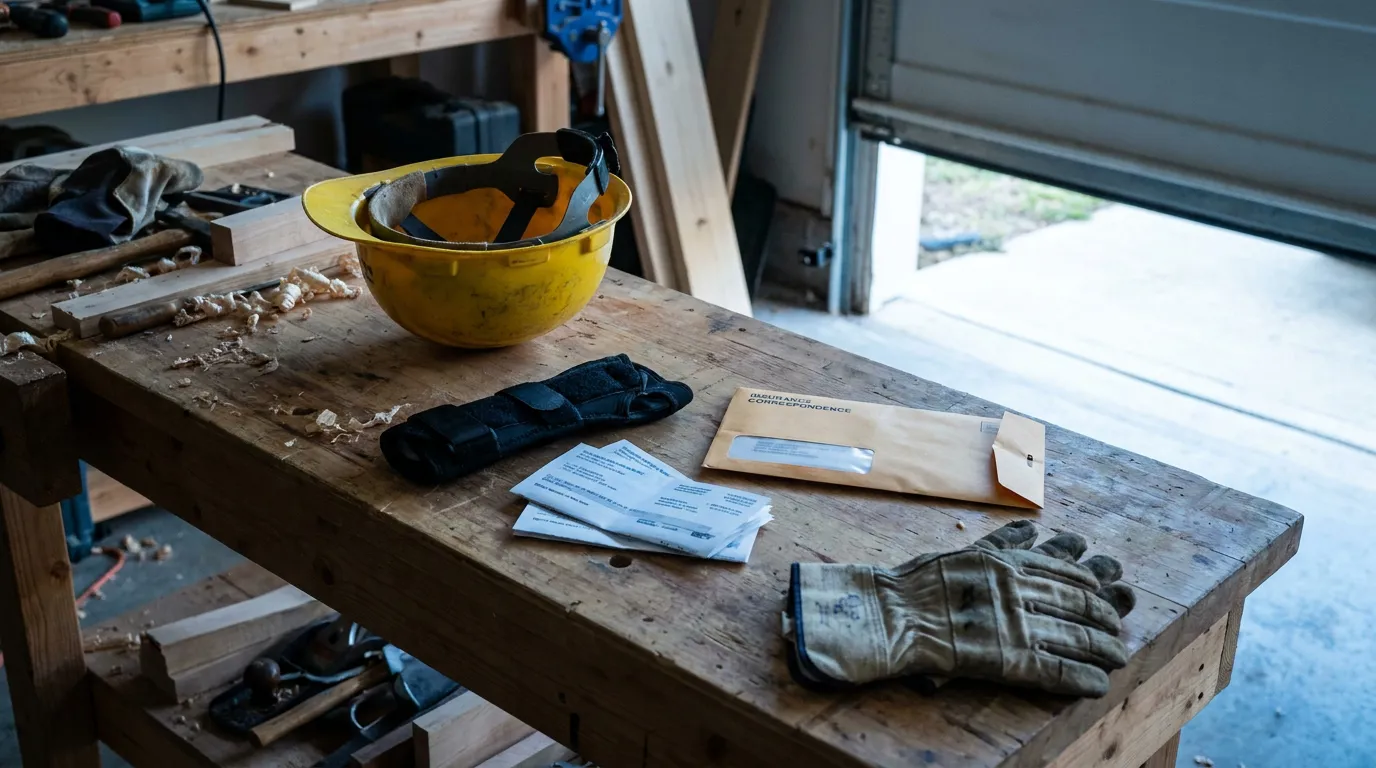 hard hat, wrist brace, and insurance correspondence envelope on workshop bench