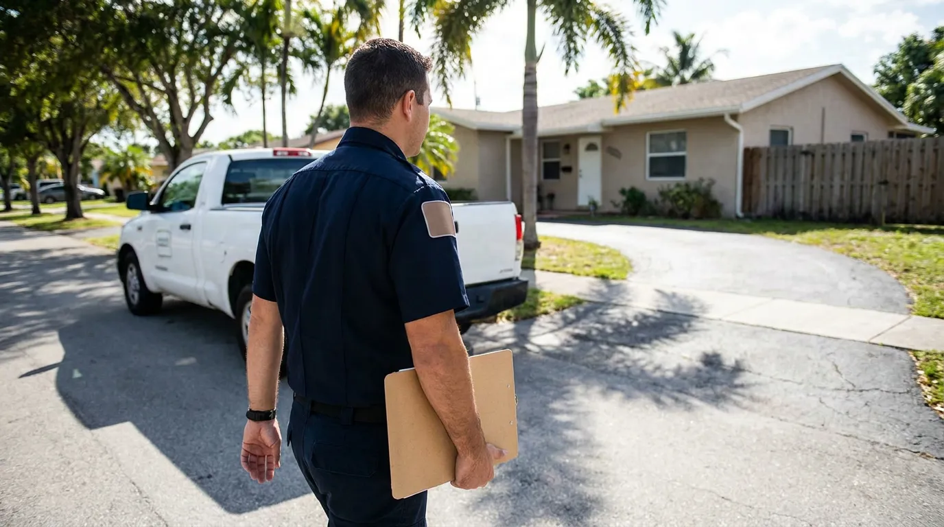 Uniformed service worker holding clipboard walks toward residential home with parked truck