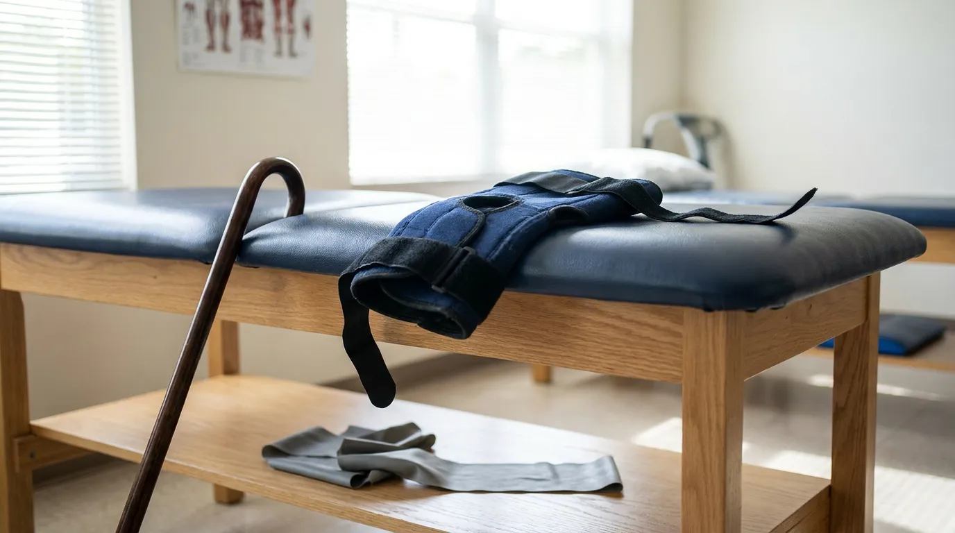 knee brace and cane on medical exam table in therapy room